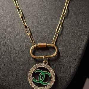 CC Zipper Pull Gold and Green Pendant Necklace